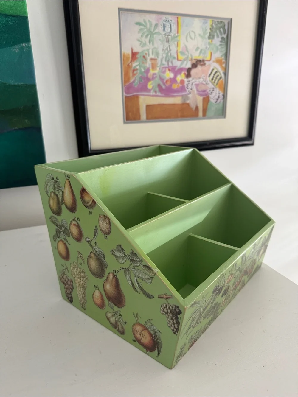Green Decorative Desktop Organizer - Fruit Pattern Vintage Inspired Pop of Color